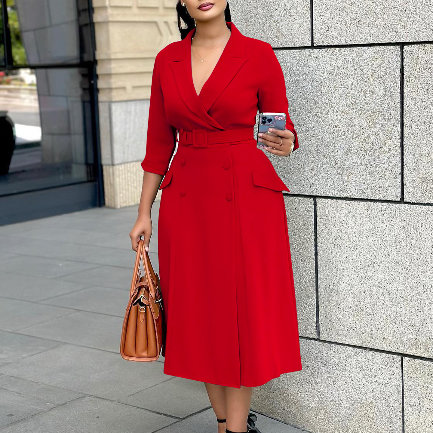 Fashionable Women's Double Breasted Blazer Collar Solid Color Midi Dress for Cross Border Trade, Elegant and Stylish Design