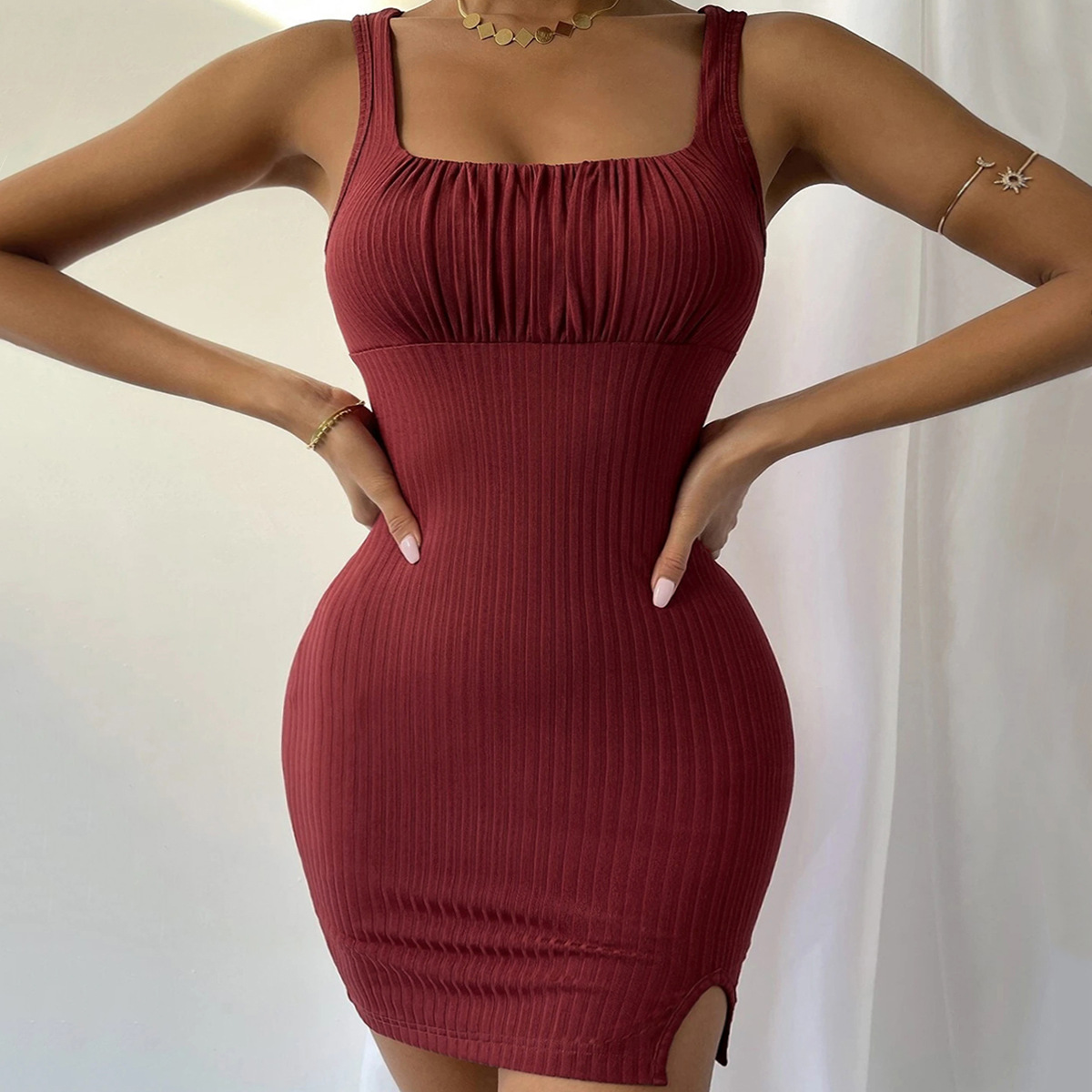 Spring Summer New Sexy Slit Slim Fit Temperament Camisole Knitted Dress Bodycon Dress for Women