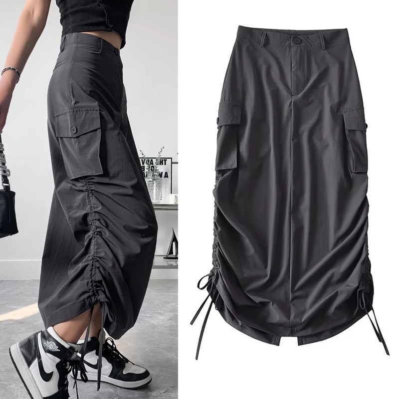 High Waisted Utility Skirt Side Pockets Drawstring Pleated A Line Design Casual Autumn Wear for Women Wholesale