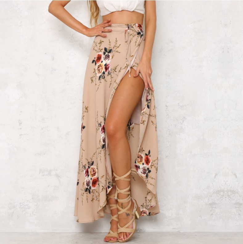 Floral Chiffon Midi Skirt Irregular Hem Tie Detail High Slit Summer Fashion for Women Wholesale Available