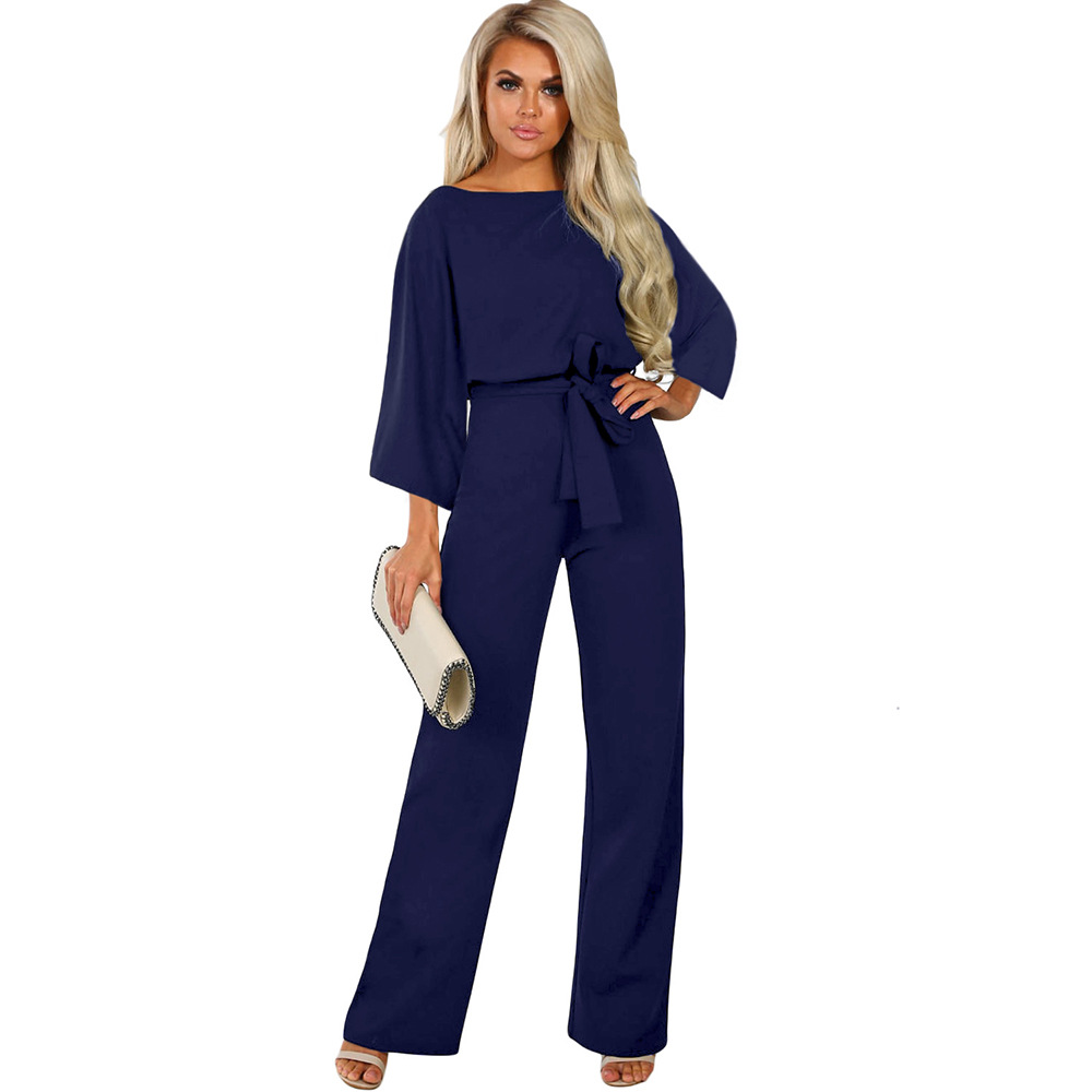Womens Solid Color Loose Jumpsuit High Waist Tie Belt Three Quarter Sleeve Wide Leg Autumn Fashion Wholesale