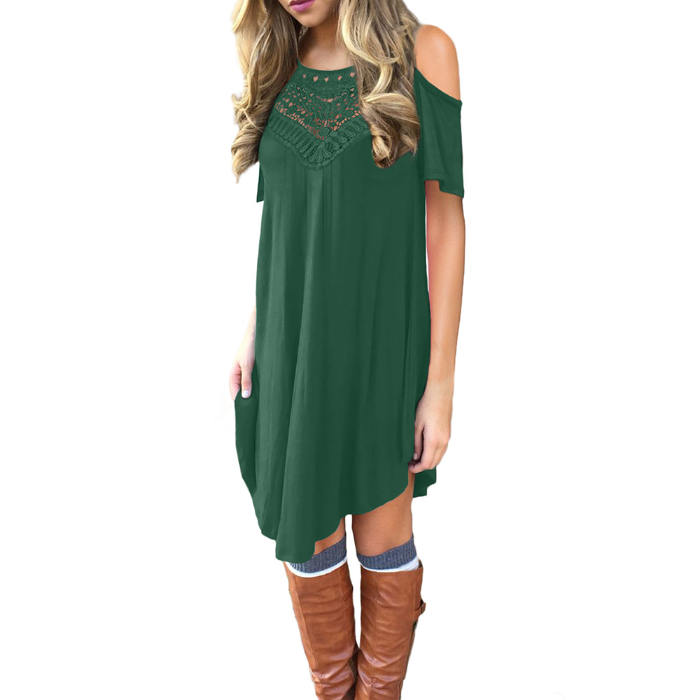 Summer Womens Dress Short Sleeve Round Neck High Waist Knee Length Irregular Hem Casual Wear OEM Available