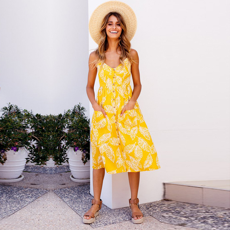 Sunflower Pineapple Print Button Back Sexy Slip Dress 36 Colors 6 Sizes Lightweight Fabric Summer Casual Wear