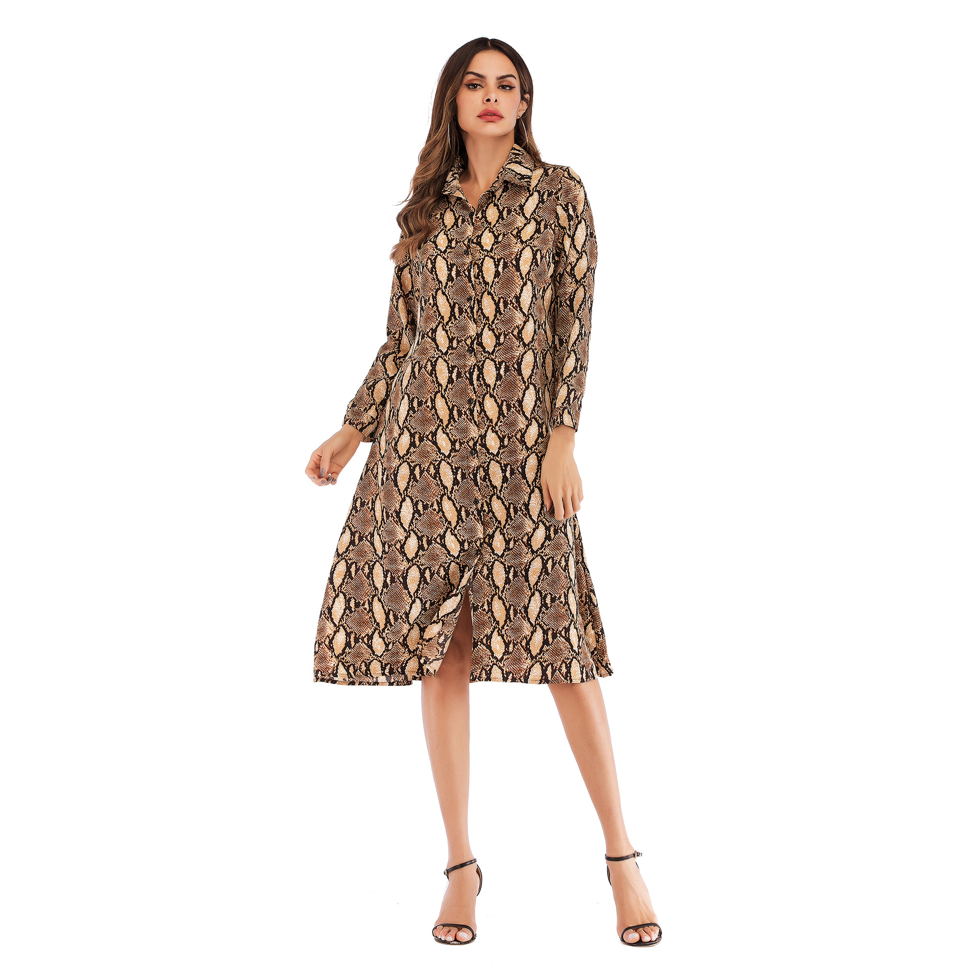 Chiffon Leopard Print Dress Long Sleeve Button Down Collar Fashionable Design Autumn Winter Collection Wholesale