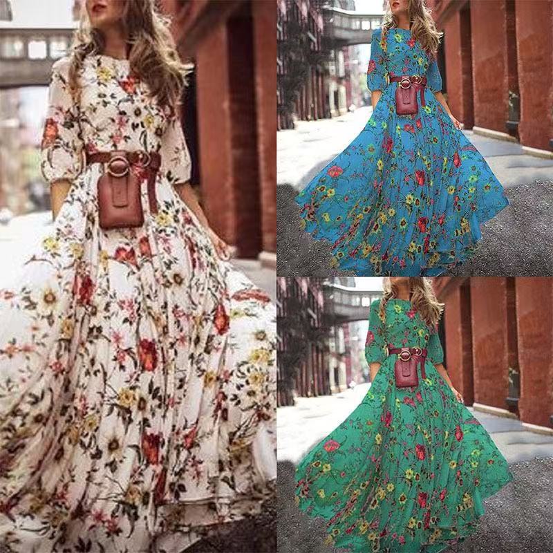 Floral Long Dress European and American Style French Commuter Vintage A Line Round Neck Floral Dress