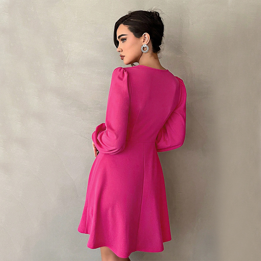 Autumn Winter New Waist Slimming V neck Puff Sleeve A line Mini Dress