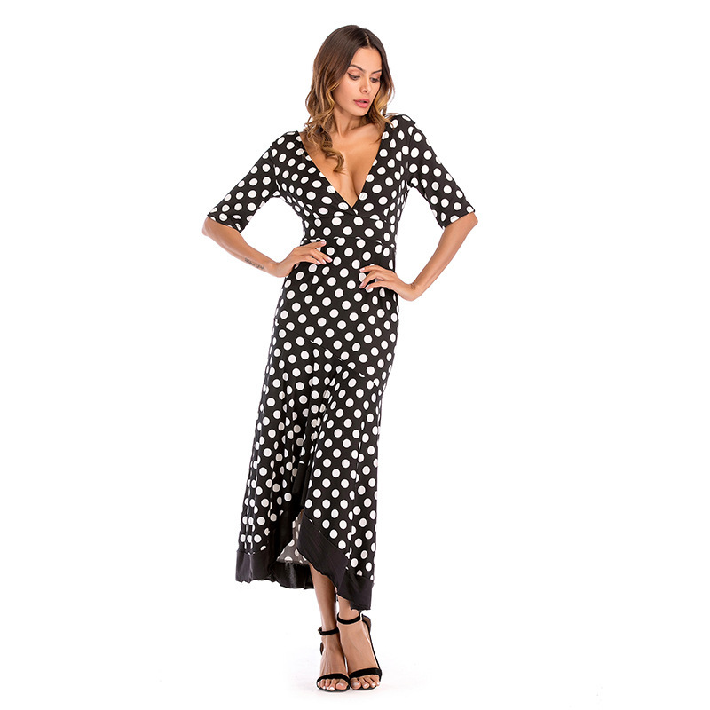 Polka Dot Deep V Midi Dress Slim Fit Elegant Style Perfect for Spring Wholesale Available factory direct