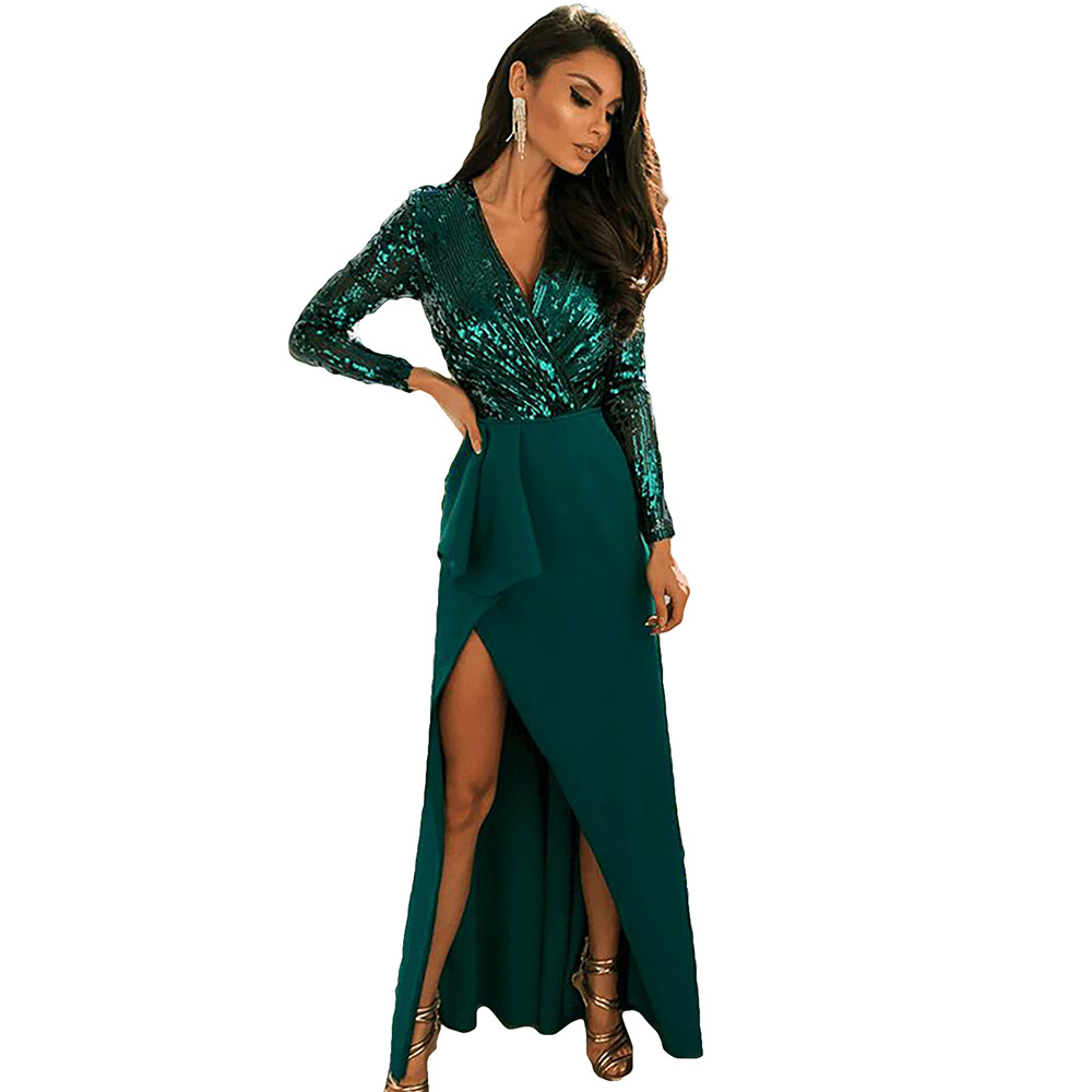 V Neck Long Sleeve Sequin Evening Dress Elegant Split Design Perfect for Parties and Gatherings Wholesale Available