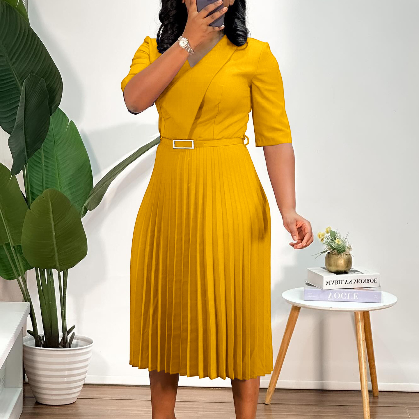 Fashionable Women's Solid Color V Neck Dress with Pleated Design for African Cross Border Trade, Elegant and Stylish Look