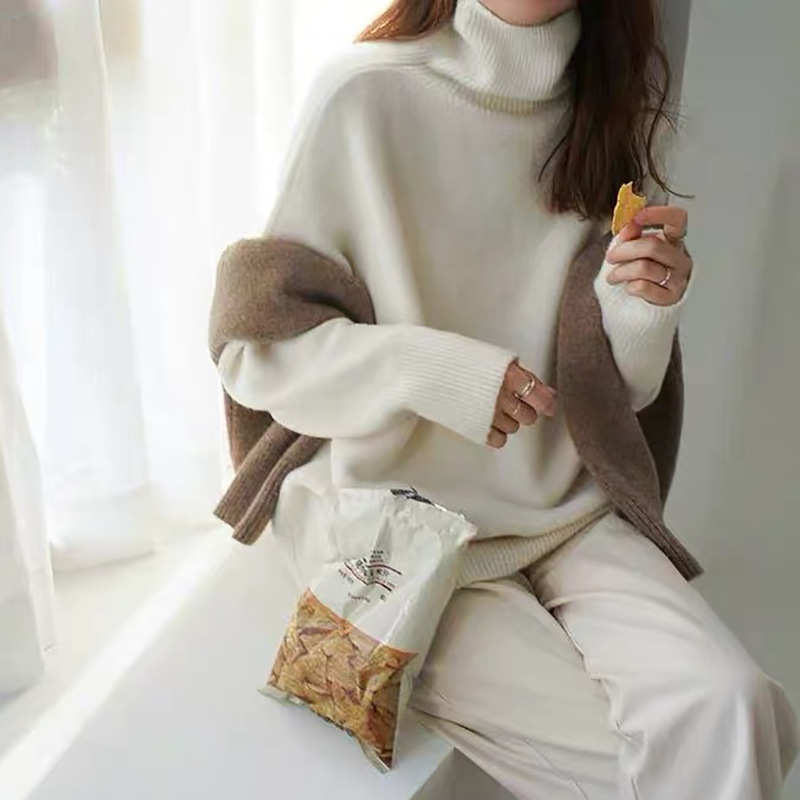 High Neck Womens Sweater Premium Quality Simple Design Solid Color Early Autumn Knitwear Wholesale Available