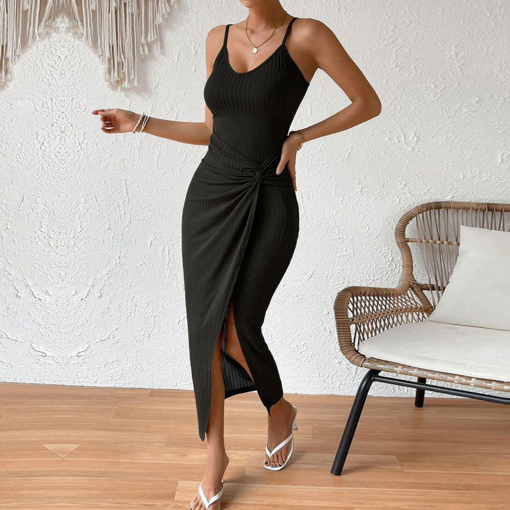 Spring Summer New European and American Women's Slim Waist Hip Split Sexy Backless Strap Dress