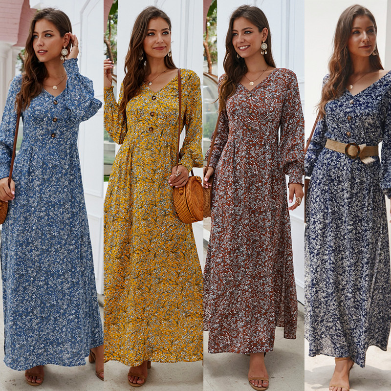 Floral Print Long Sleeve V Neck Dress Autumn Winter Style Casual Wear Ready to Ship bulk order