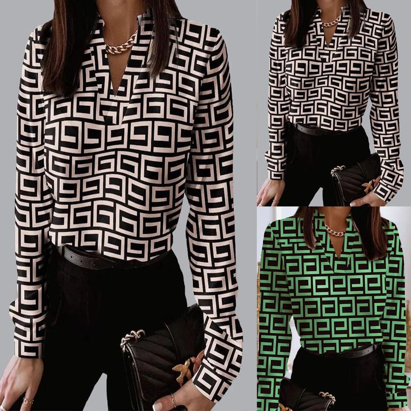 V Neck Geometric Print Long Sleeve T Shirt Womens Fashion Casual Style Comfortable Fabric Wholesale Available