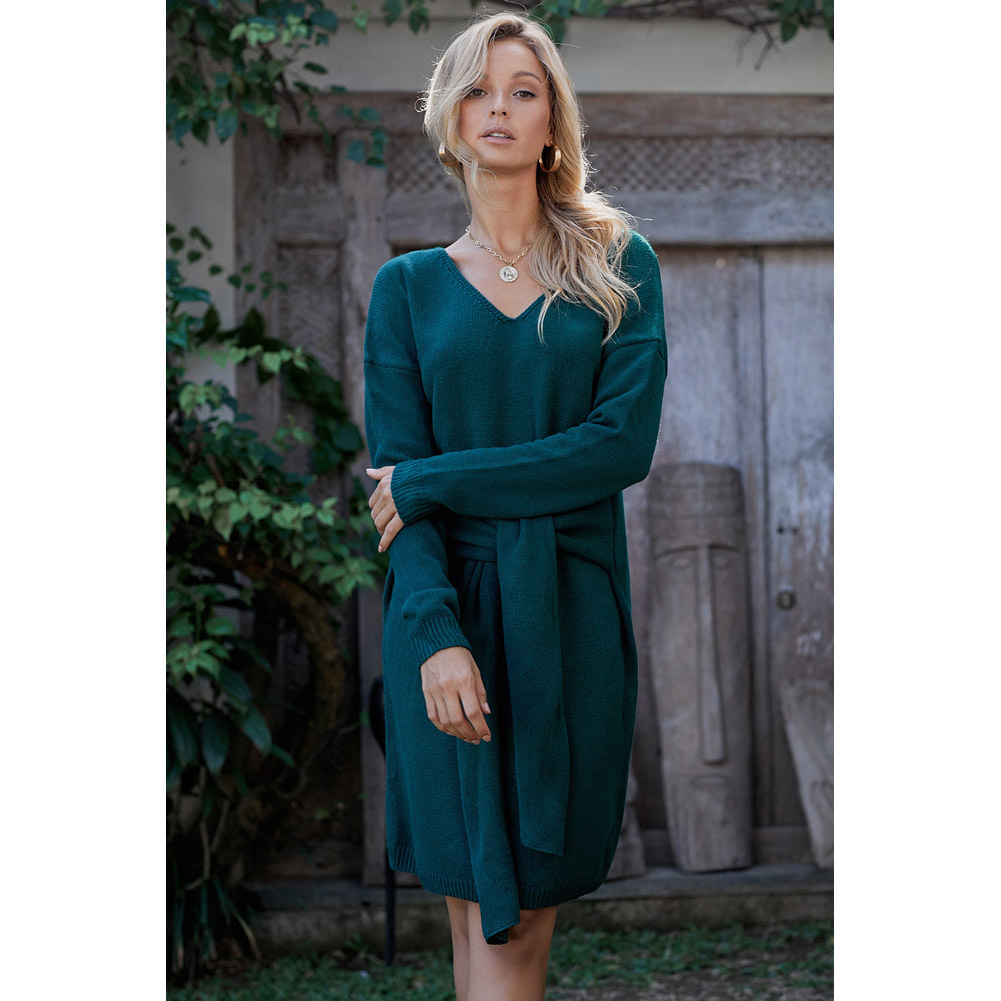 V Neck Long Sleeve Knit Sweater Dress Solid Color Mid Length Cozy Fabric Fall Winter Fashion Wholesale Available