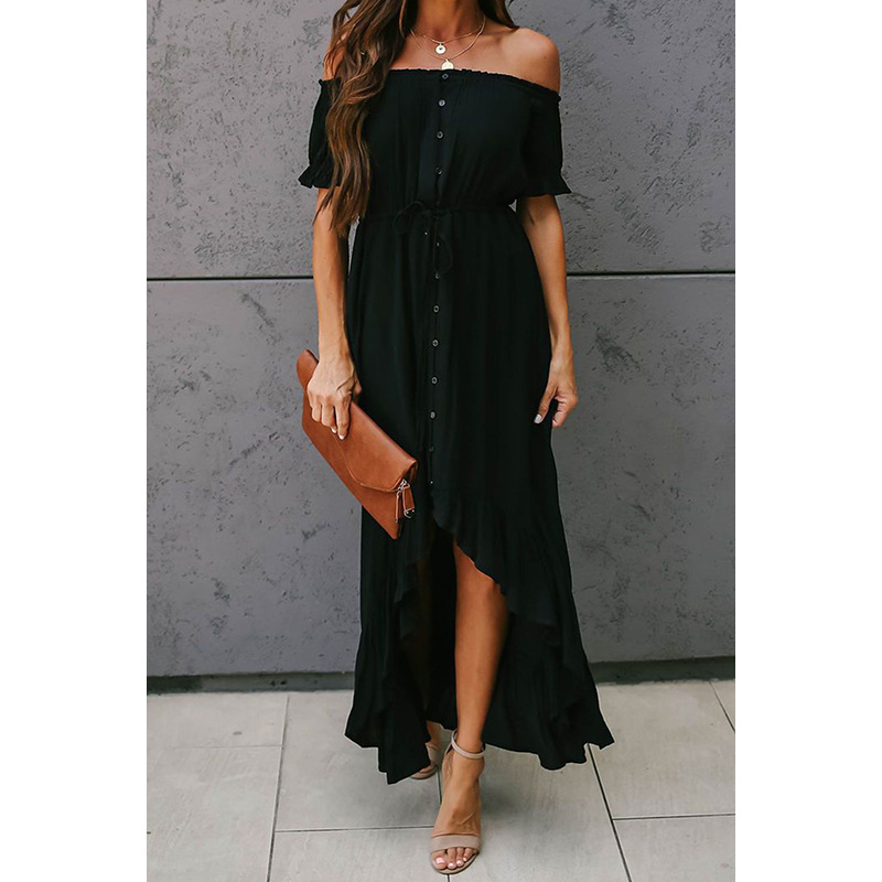 Off Shoulder Short Sleeve Maxi Dress Irregular Hem Summer Style Elegant Design Wholesale Available
