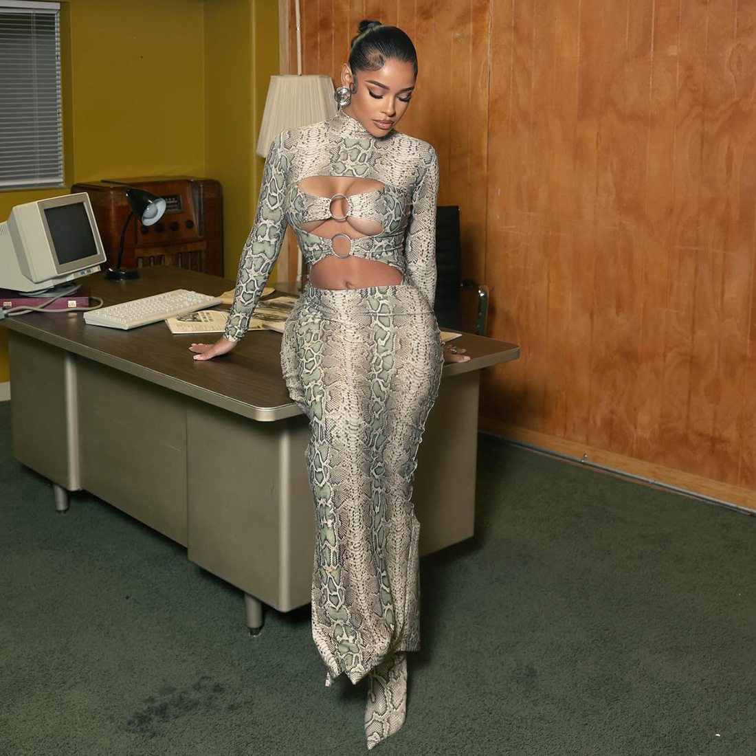 Fashionable High Neck Long Sleeve Bodycon Dress with Metal Buckle and Snake Print for Women in Autumn and Winter