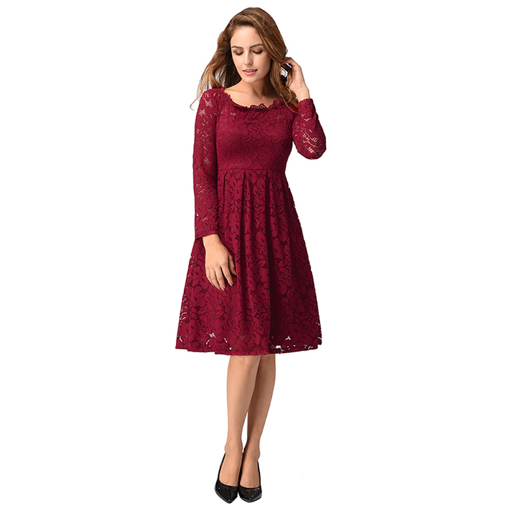 Lace Midi Dress for Women Long Sleeve A Line Mid Waist Elegant Design Summer Fashion for Casual Occasions