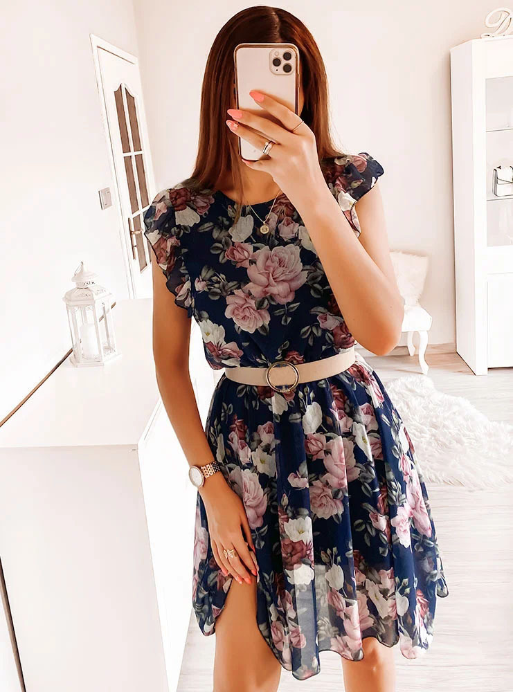 Summer Floral Print Chiffon Dress Ruffle Short Sleeves Elegant Design Lightweight Fabric Perfect for Vacation