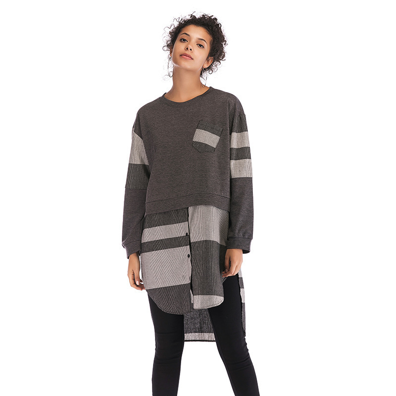 Womens Color Block Loose Dress Asymmetrical Plaid Design Round Neck Long Sleeve Autumn Winter Fashion Wholesale