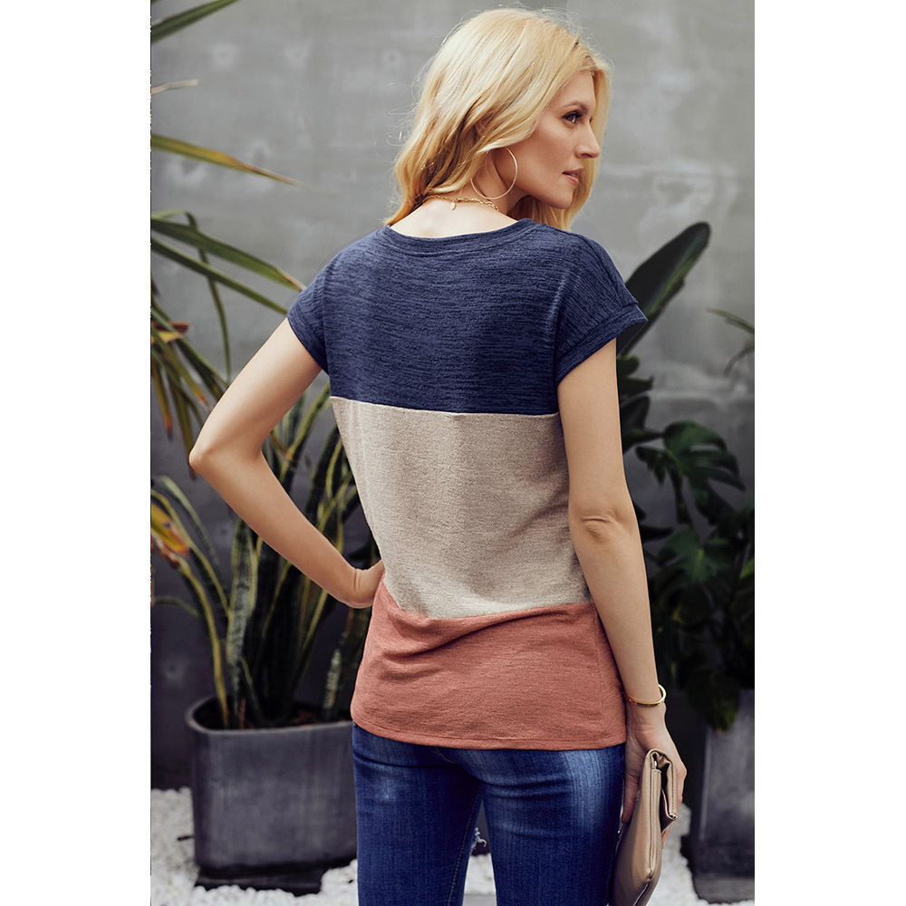 Color Block Asymmetrical Neck Short Sleeve Top Loose Fit Casual Style Perfect for Spring and Summer Wholesale