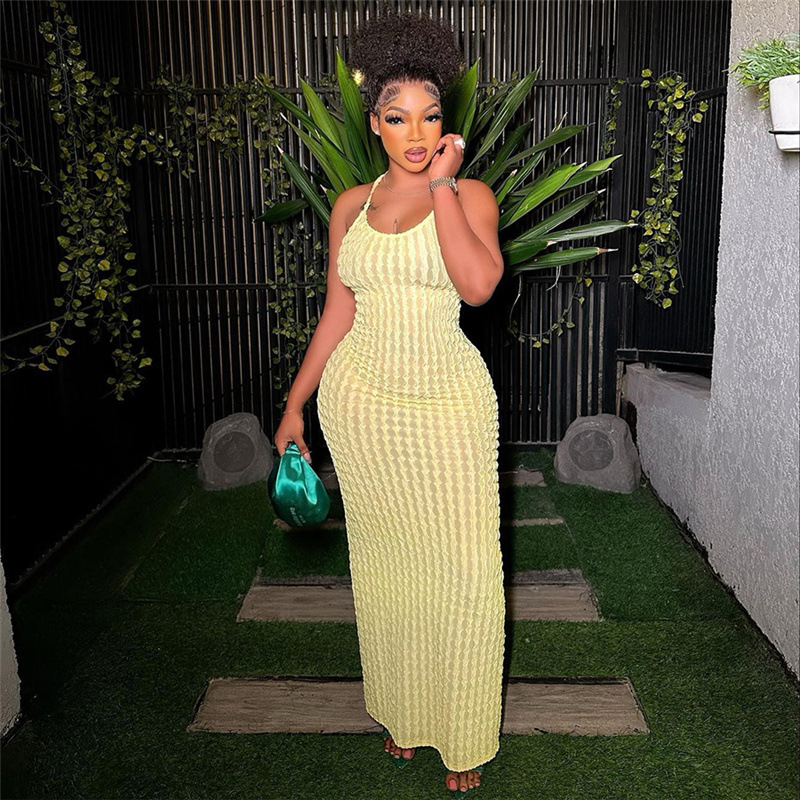 Cross border European and American style spring women's new sling backless temperament sexy solid color popcorn dress