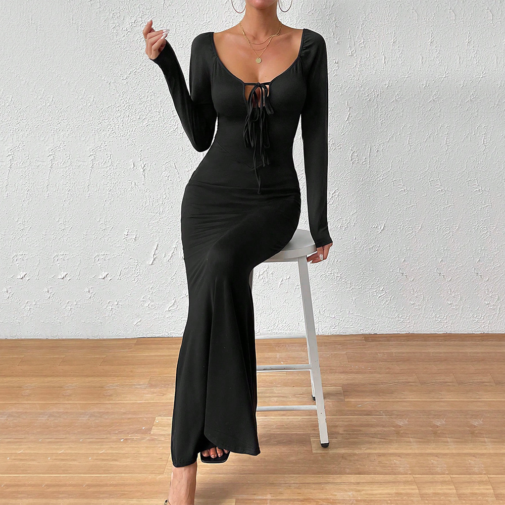 Sexy Elegant Front Tie Large U Neck Slim Fit Long Sleeve Bodycon Long Dress
