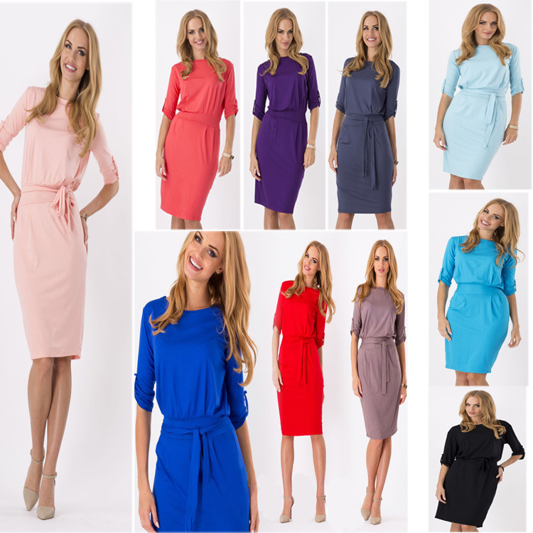 Spring Fashion Womens Dress Elegant Slim Fit Round Neck Basic Style Office Wear or Casual Occasion Wholesale