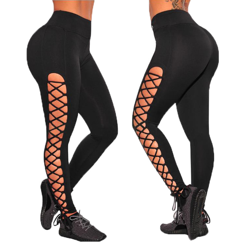 High Waisted Side Tie Plus Size Leggings Hollow Out Design Casual Stretch Fabric Fashionable Sportswear for Women