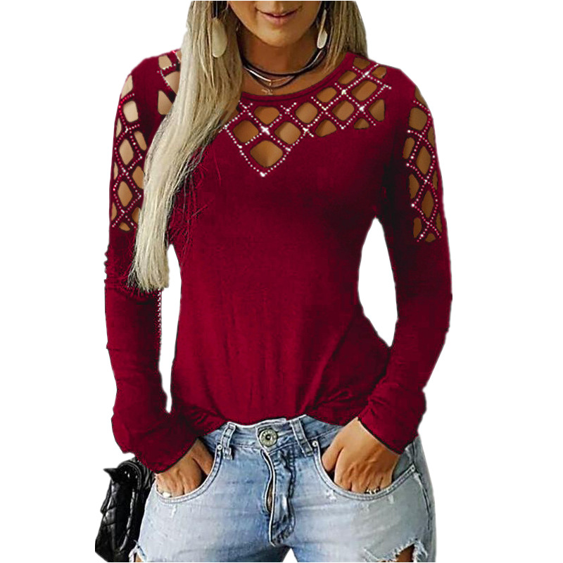 Lace Hollow Out Long Sleeve T Shirt Rhinestone Embellished Autumn Winter Fashion Wholesale Available