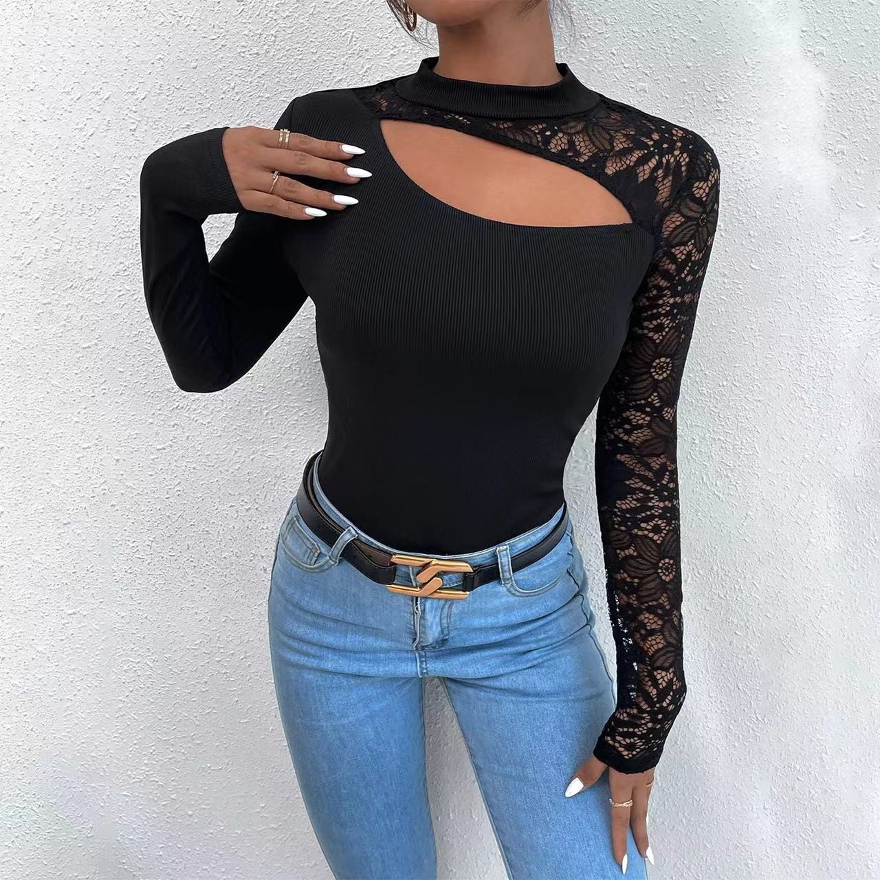 Lace Asymmetrical Long Sleeve T Shirt Off Shoulder Design Sexy Style Spring Autumn Wear Wholesale Available