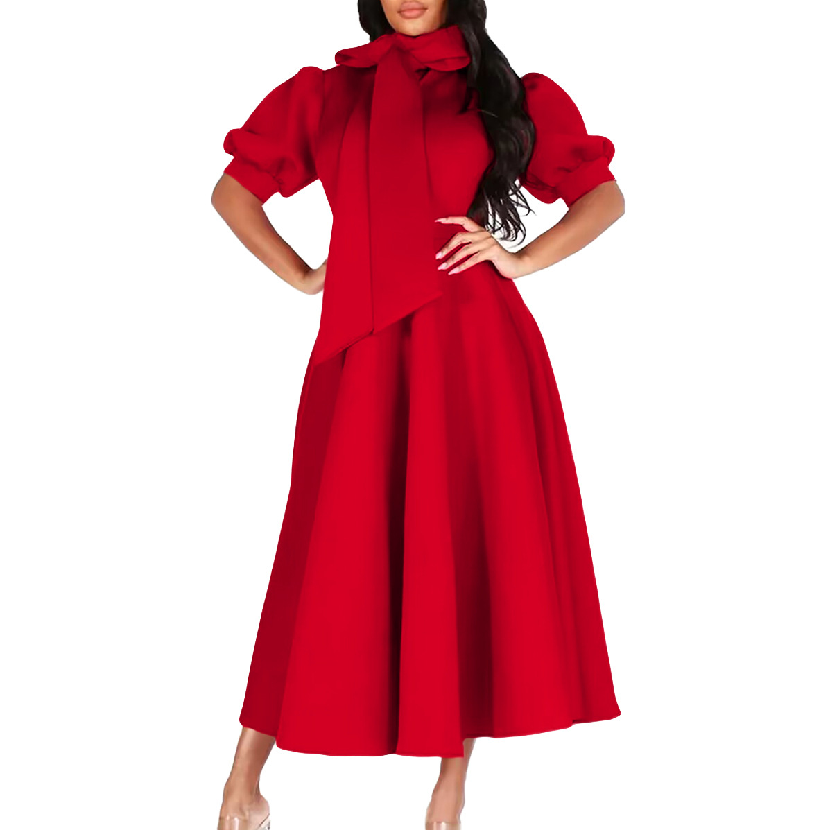Elegant Solid Color Puff Sleeve Long Dress with Waist Tie for Spring and Summer, Perfect for Cross Border Fashion in Europe an