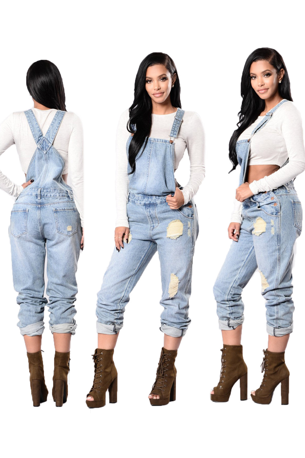 Light Blue Distressed Denim Overalls Casual Style Adjustable Straps Comfortable Fit Perfect for Summer Outings