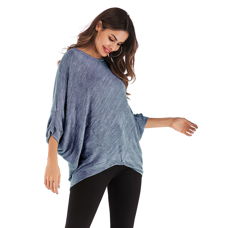 Womens Batwing Sleeve T Shirt Short Sleeve Round Neck Loose Fit Solid Color Autumn Casual Wear Wholesale