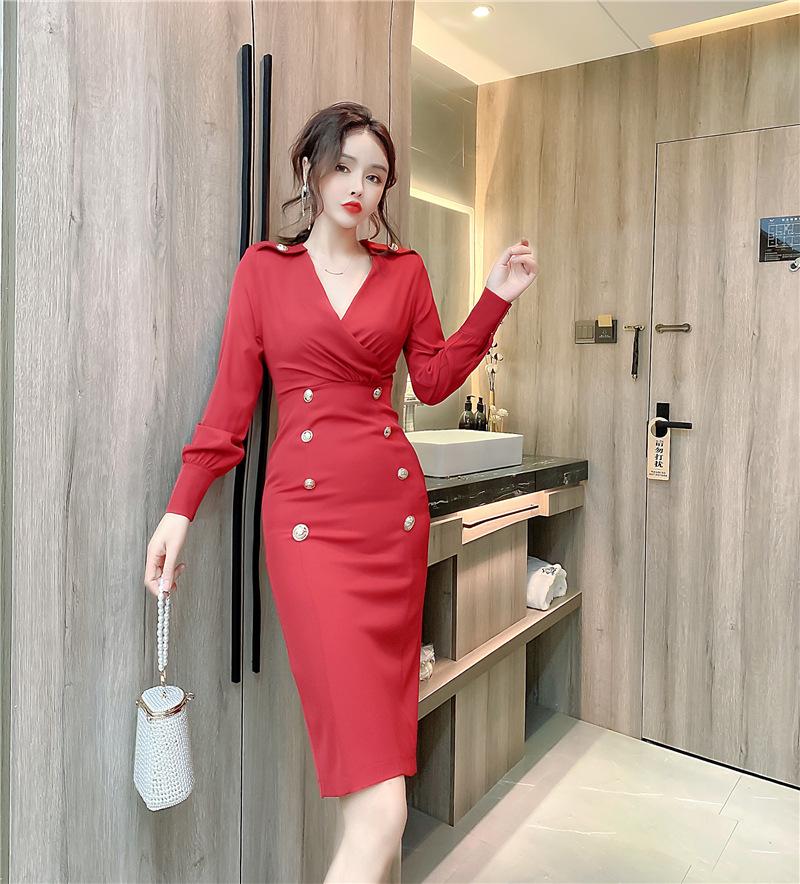 V Neck Long Sleeve Bodycon Dress Double Breasted Slim Fit Elegant Style Perfect for Fall and Winter Events
