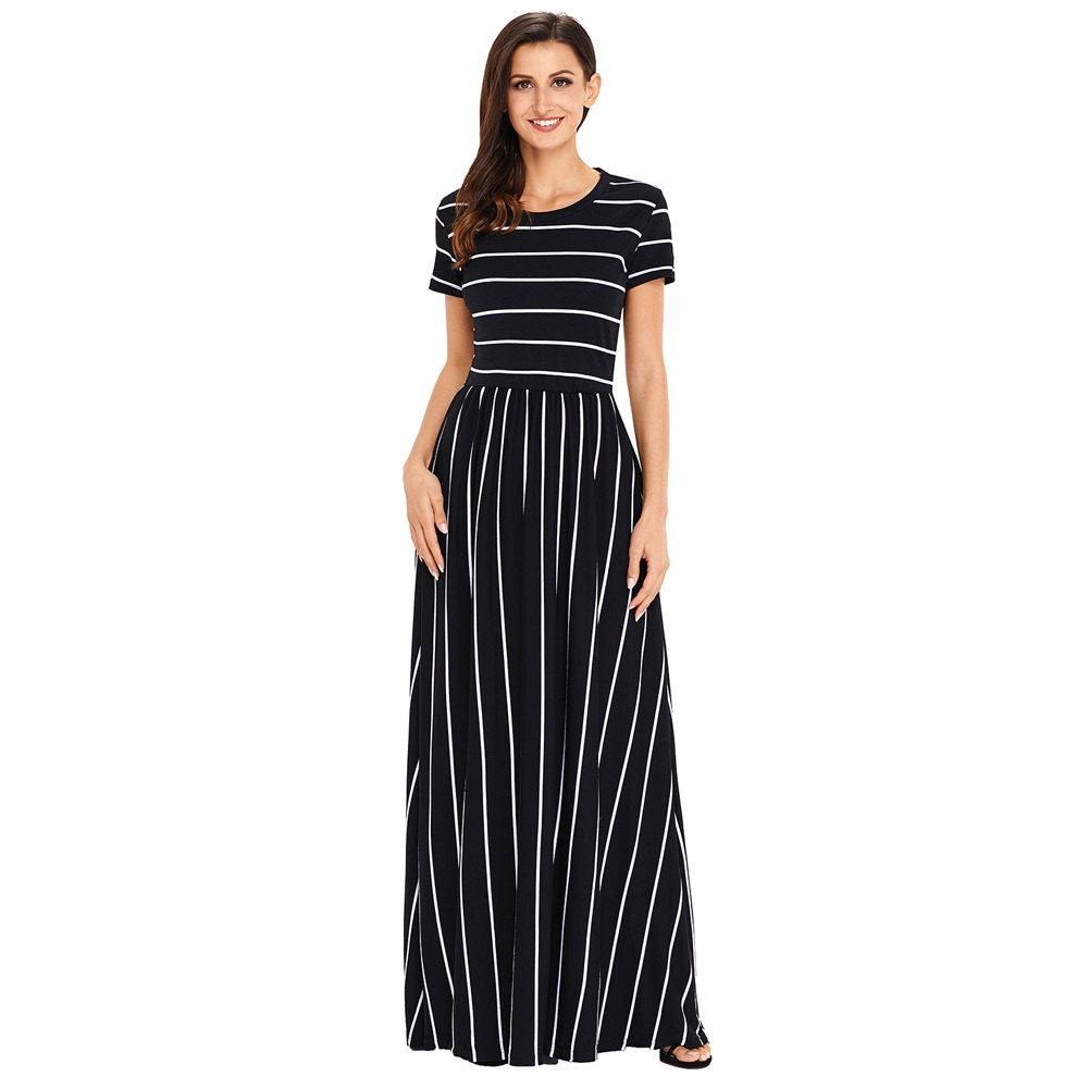 Bohemian Maxi Dress Short Sleeve Round Neck Striped Knit Casual Summer Wear Wholesale Available