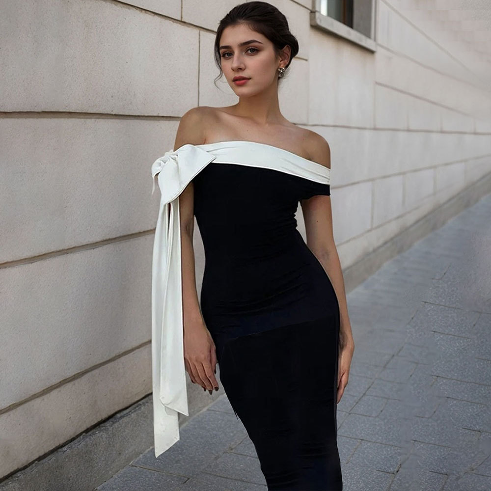 Summer New Fashion Elegant Off Shoulder Strap Slim Solid Color Dress