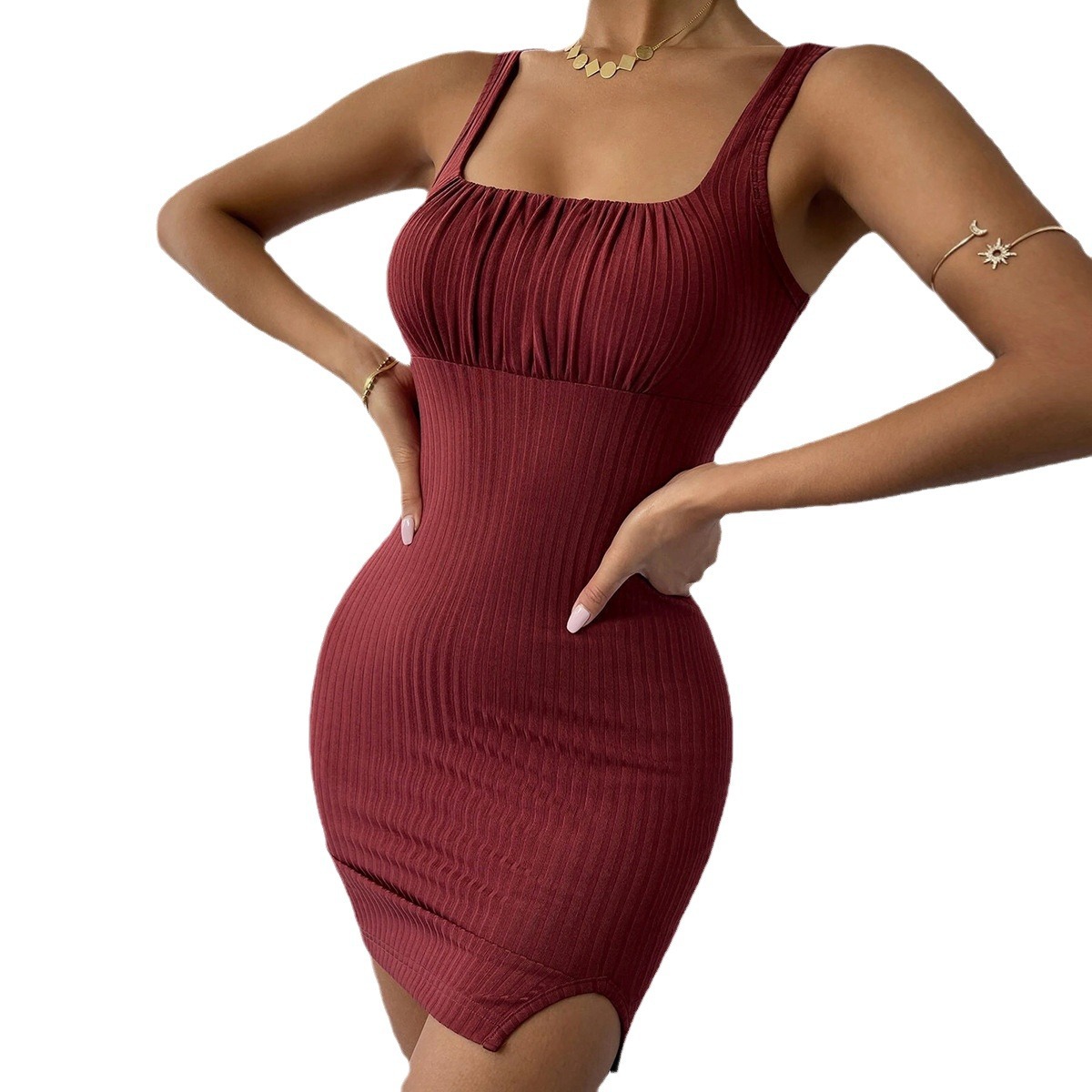 Spring Summer New Sexy Slit Slim Fit Temperament Camisole Knitted Dress Bodycon Dress for Women