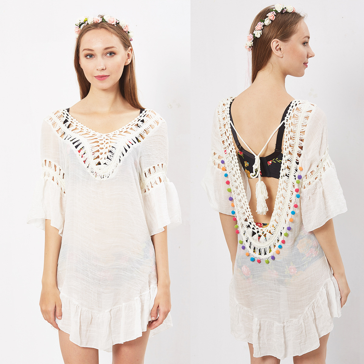 New Arrival Sexy Hollow U Back Tie Beach Bikini — Hand Crochet Cover Up, Colorful Ball Tassels, Comfortable Fit — Summer Swimw