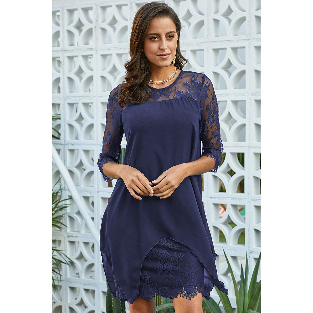 Spring Womens Dress Solid Color Lace Panel Round Neck Three Quarter Sleeve Asymmetrical Hem Formal Occasion