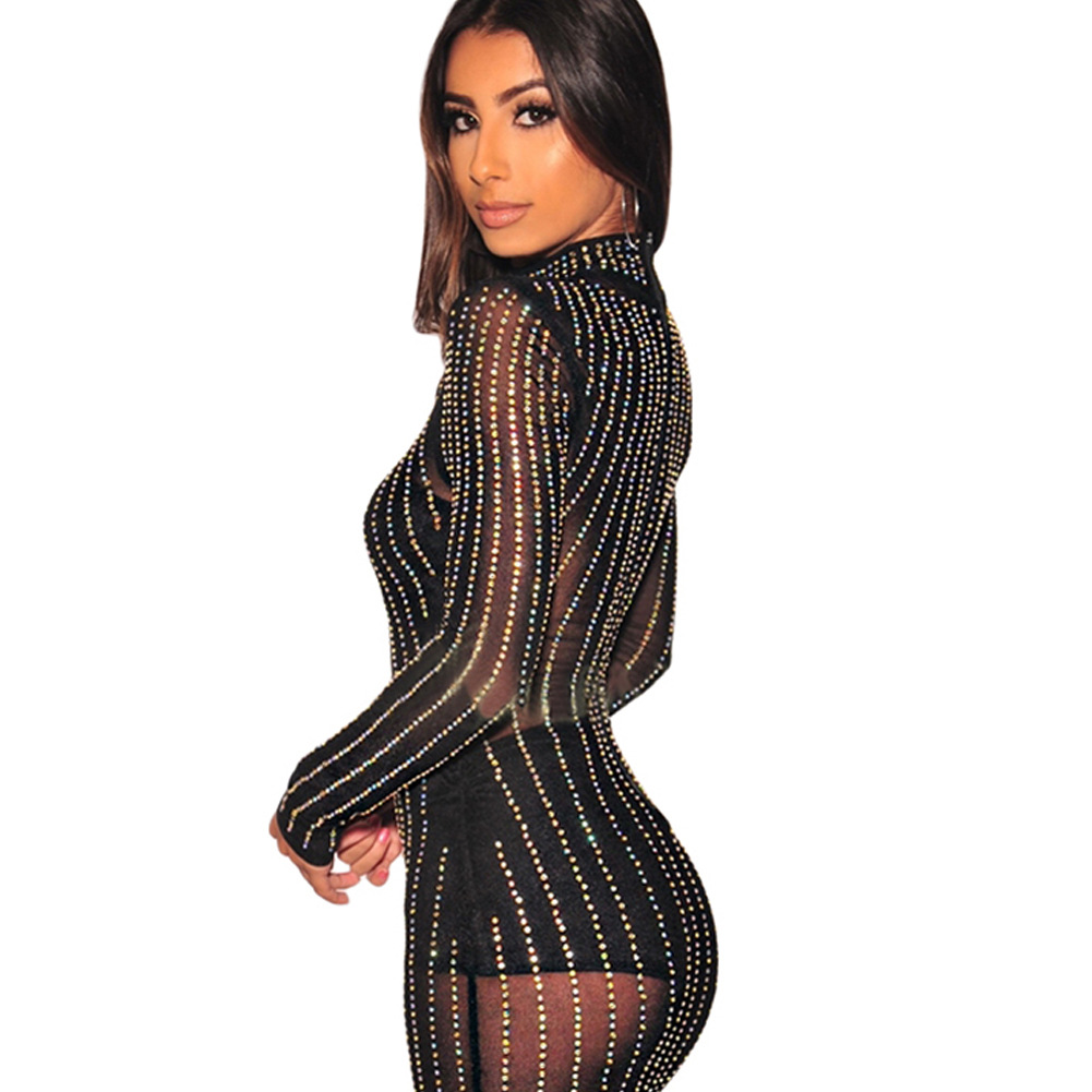 Iridescent Rhinestone Dress High Neck Long Sleeve Hollow Out Slim Fit Evening Party Wear Wholesale Available