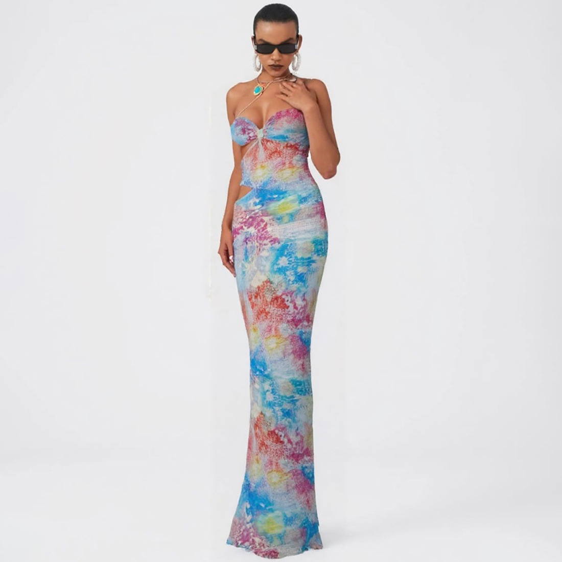New Spring Summer Women's Fashion Sexy Hollow Out Sleeveless Color Block Printed Strapless Bodycon Maxi Dress