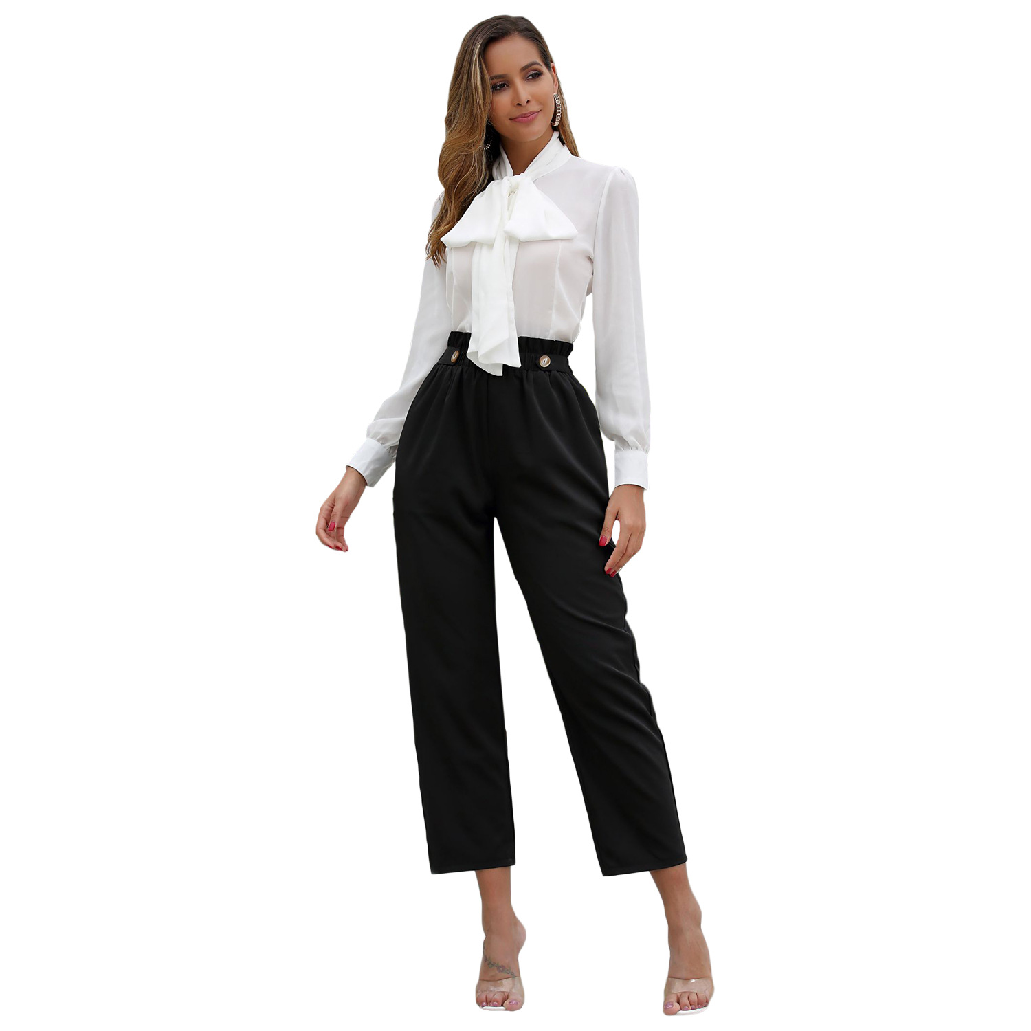 High Waisted Button Closure Wide Leg Pants Elastic Waist Casual Style Comfortable Fit Wholesale Available