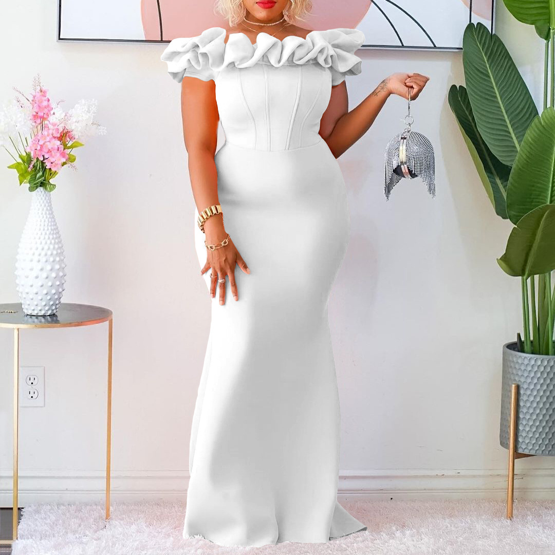 European Market Elegant Mermaid Dress — Solid Color, Ruffle Trim, Slim Fit, Evening Gown — Formal Occasion — Wholesale Supply