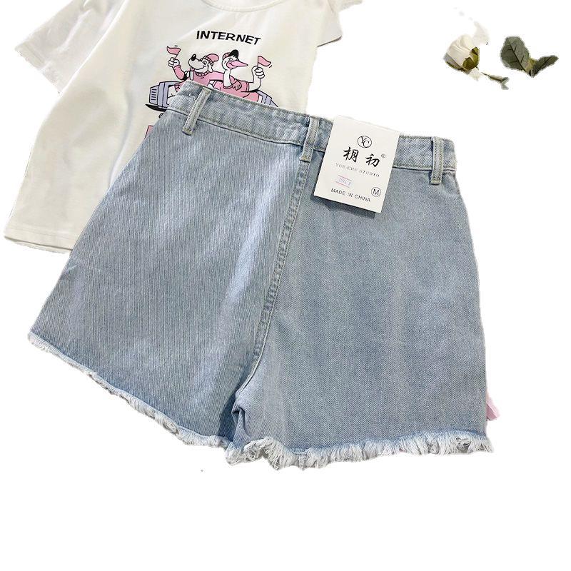 Japanese Style High Waisted Denim Shorts Blue Embroidered Frayed Hem Cute Loose Fit Summer Casual Wear