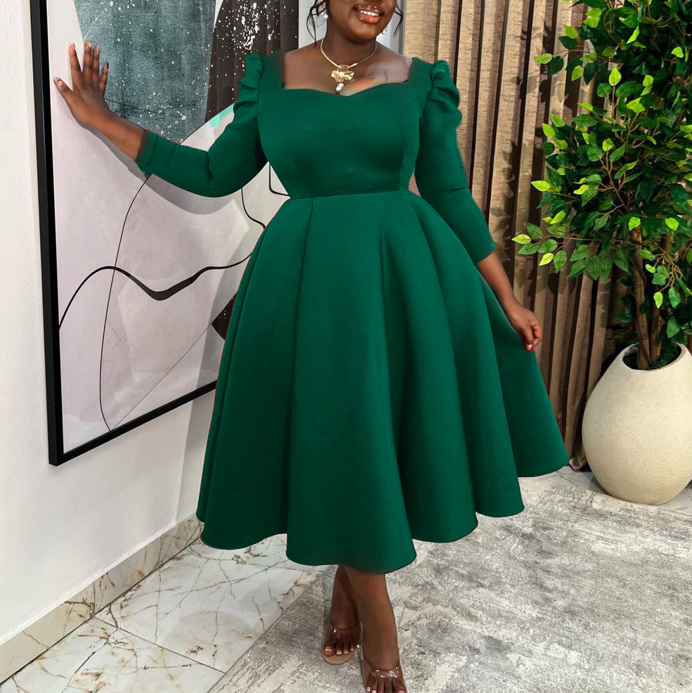 D3354 Autumn Winter New Women's Fashion Solid Color Square Neck High Waist Big Skirt Dress African Dress
