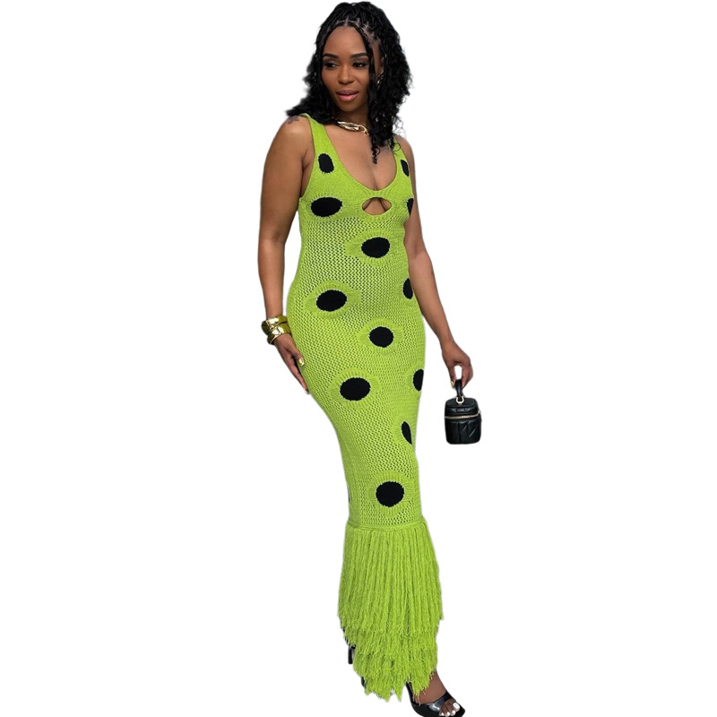 New Cross border European and American Women's Fashion Eye catching Sexy Sleeveless Polka Dot Printed Hollow Slim Dress