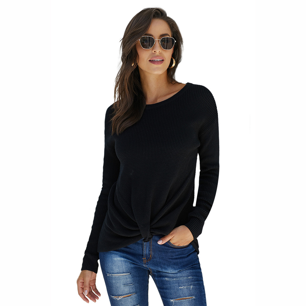 Womens Pullover Sweater Long Sleeve Round Neck Waist Tie Solid Color Casual Wear for Fall Winter Wholesale
