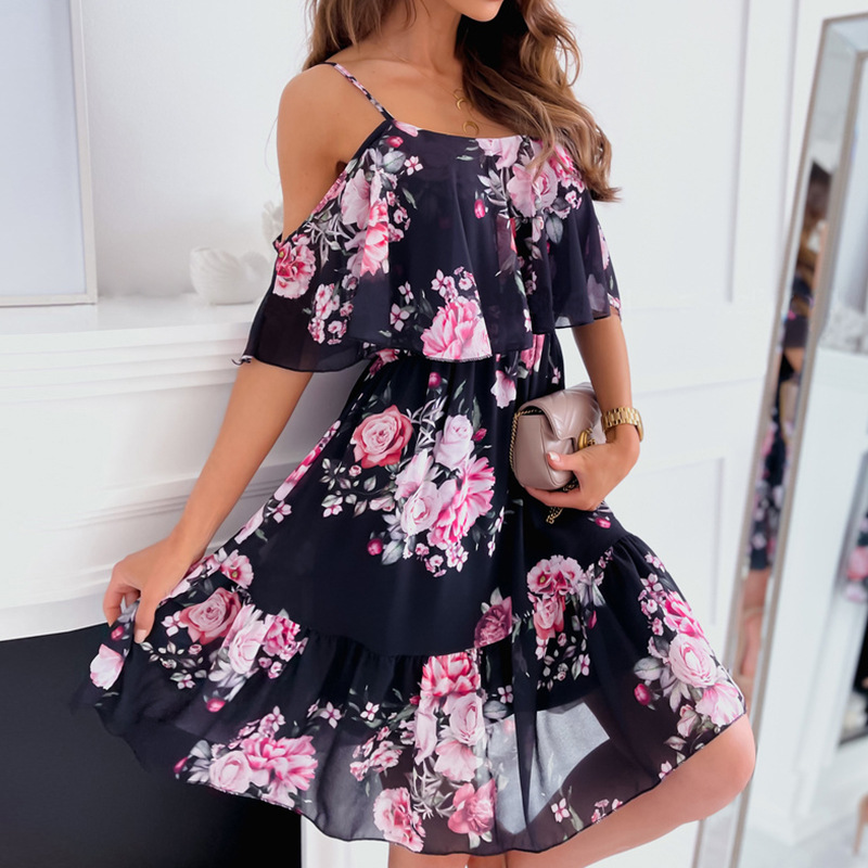 Chiffon Floral Print Off Shoulder Cami Dress Sexy Lightweight Summer Style Perfect for Parties and Casual Outings