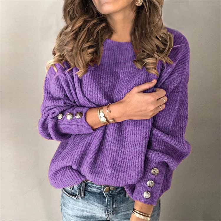 Womens Long Sleeve Knit Top Round Neck Button Detail Comfortable Fabric Casual Wear for Spring and Autumn