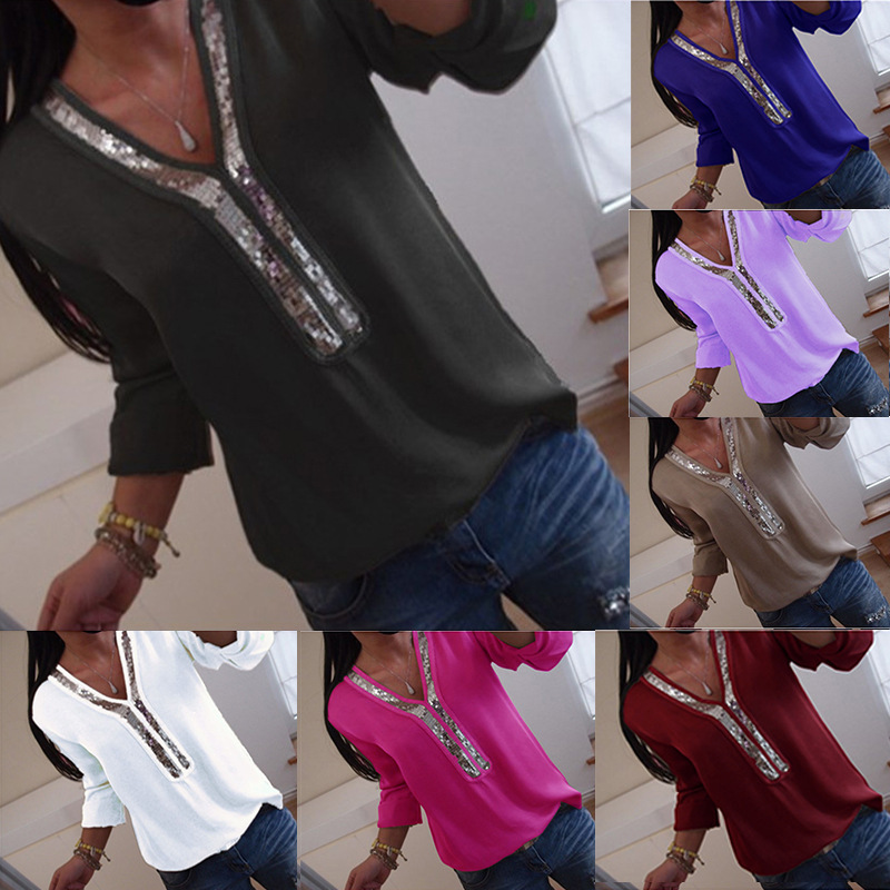 Casual Womens T Shirt Solid Color V Neck Sequin Detail Long Sleeve Plus Size Everyday Wear Wholesale Available